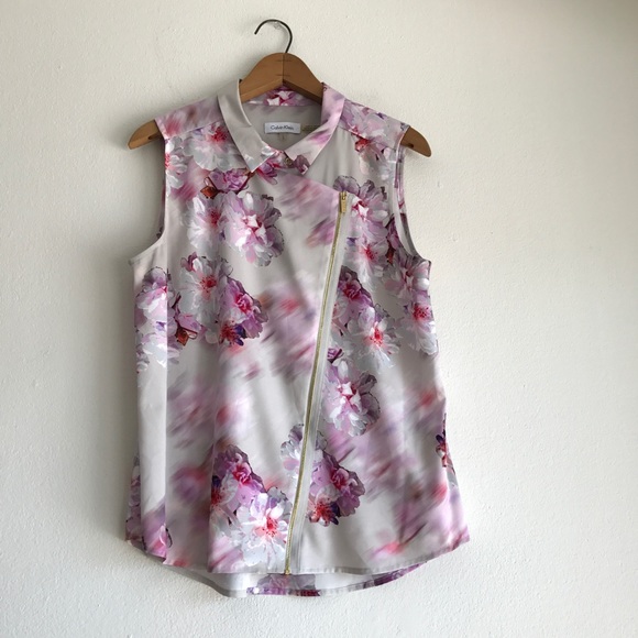 Calvin Klein Tops - Calvin Klein Sheer Floral Zip-Up Blouse Size L D7